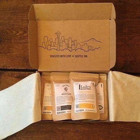 A box of coffee beans from bean box coffee company