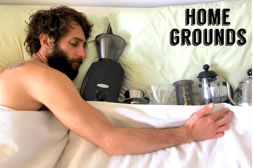 Promotional image of Alex in bed with coffee gear