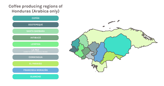 Map Of Honduras’s Coffee Producing Regions