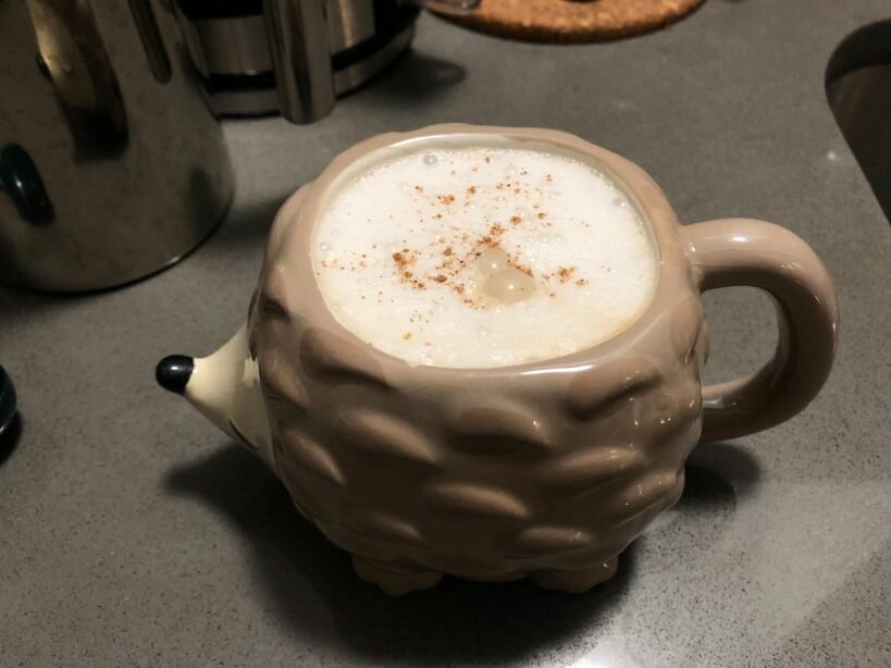 用可爱的豪猪杯盛着肮脏的印度拿铁